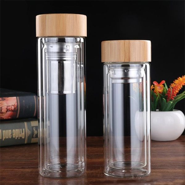 Bamboo-covered vacuum water bottles with tea infusers, featuring anti-scald glass and two sizes for outdoor carry