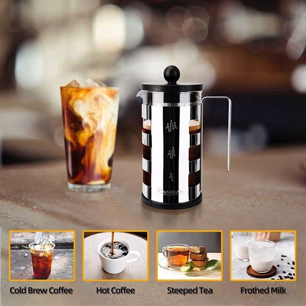 Bar Products Medium French Press Coffee Maker 21 oz, Small Stainless Steel 600 ml, 100% BPA Free Glass with Spoon and Brush,silver