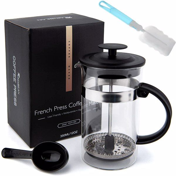 Bar Products Mini French Press Coffee Maker 12 oz, compact 350 ml size, ideal for camping, brews hot or cold coffee, includes spoon and brush (Classic Style)