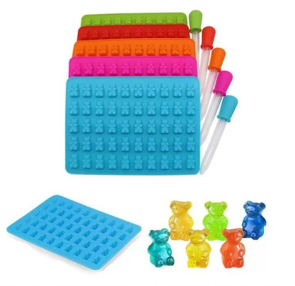 Bear-shaped BPA-free silicone molds for making gummy candies, jelly, chocolate, and cookies, featuring 50 cavities with included droppers
