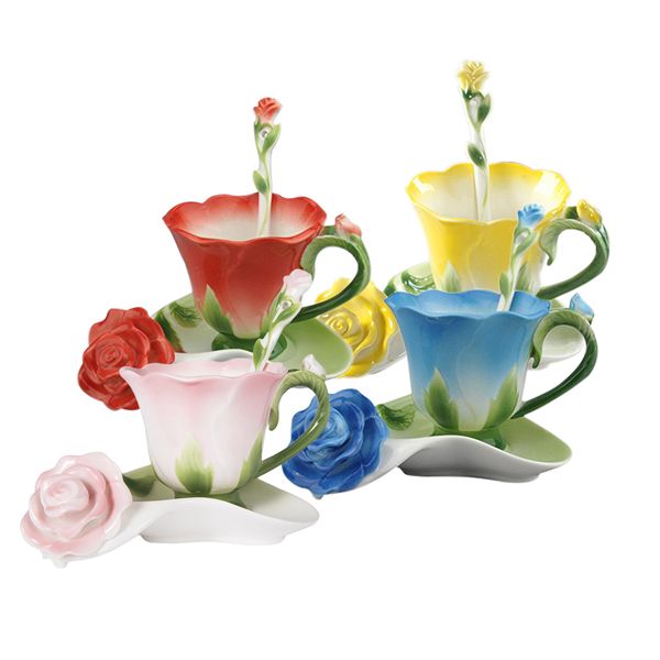 Best 3D rose-shaped floral enamel ceramic coffee/tea set with saucer spoon, premium porcelain cup, creative valentine's gift design