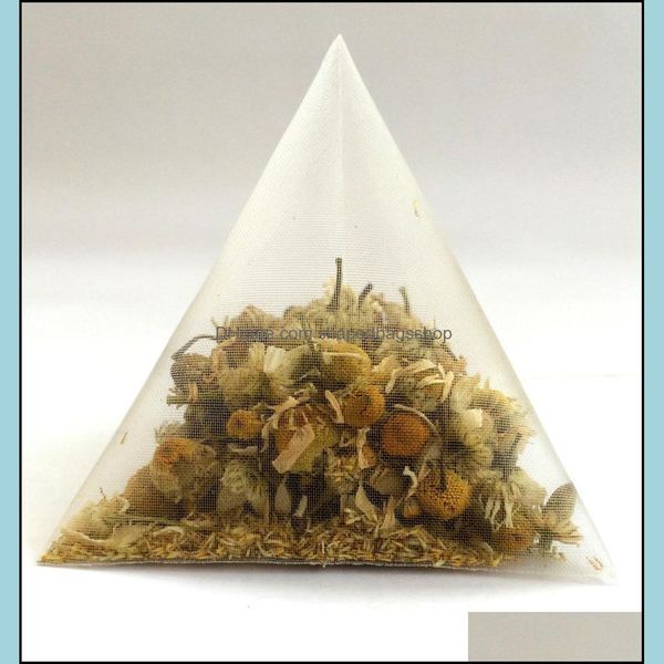 Biodegradable non-woven pyramid tea bags with single strings and transparent labels