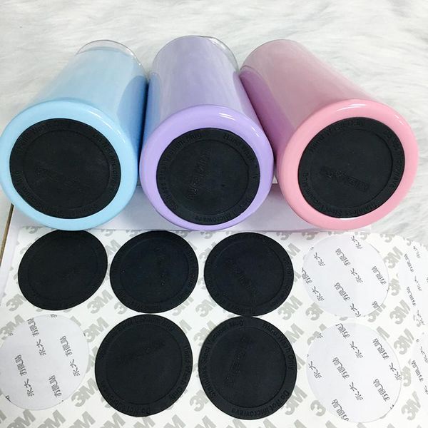 Black adhesive rubber coasters for 15-30oz tumblers and cups, providing protective bottom pads in 5cm and 5.8cm sizes