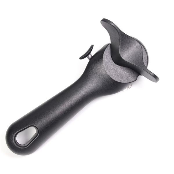 Black manual can opener with ergonomic soft-grip handle and smooth-edge side cutting, featuring a lid lifter