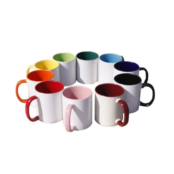 Blank sublimation ceramic mug with multi-color handle, customizable inside for heat press printing, available for sea shipping