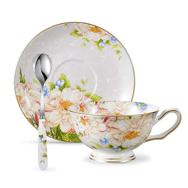 Bone China 6.8oz Coffee Cup Set with Saucer and Spoon, 3-Piece in Light Yellow Floral Design