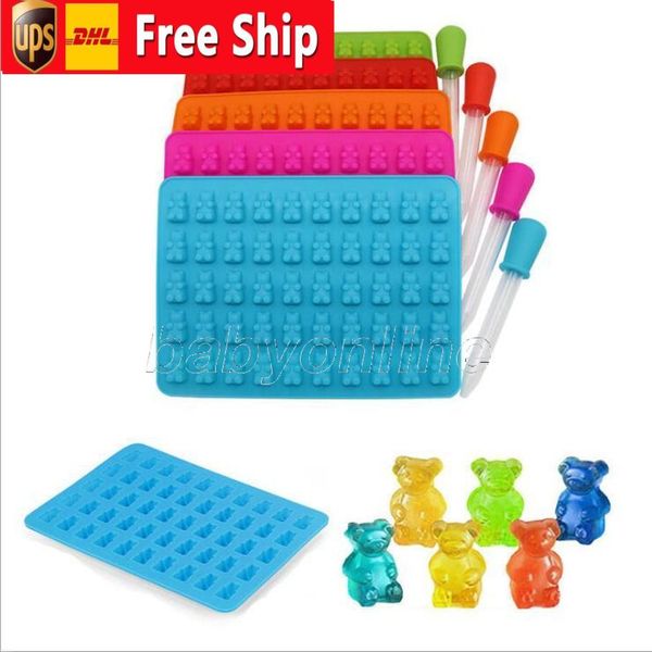 BPA-free food-grade silicone bear mold for making gelatin gummies, candy, jelly, and chocolate cookies, includes droppers and has 50 cavities