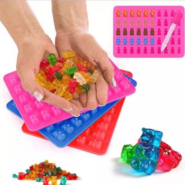 BPA-free food-grade silicone molds for making gelatin gummies, candy, jelly, and chocolate cookies, featuring 50 holes and included droppers