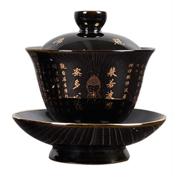 Ceramic Zen Gaiwan Buddha Glaze Porcelain Tea Set in Vintage Blue and Black