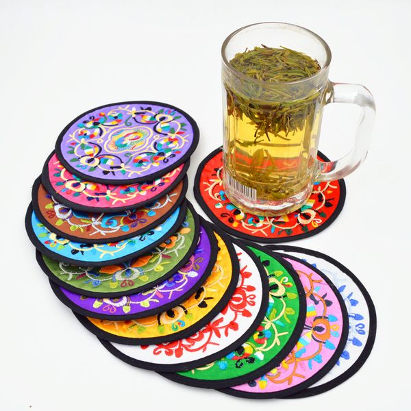 Chinese embroidered round coasters for Christmas, vintage satin fabric tea and coffee set, 10 pieces per lot