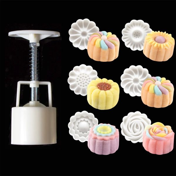 Chinese floral mooncake mold set with eco-friendly fondant and pineapple cake designs in 1x + 6x flower patterns