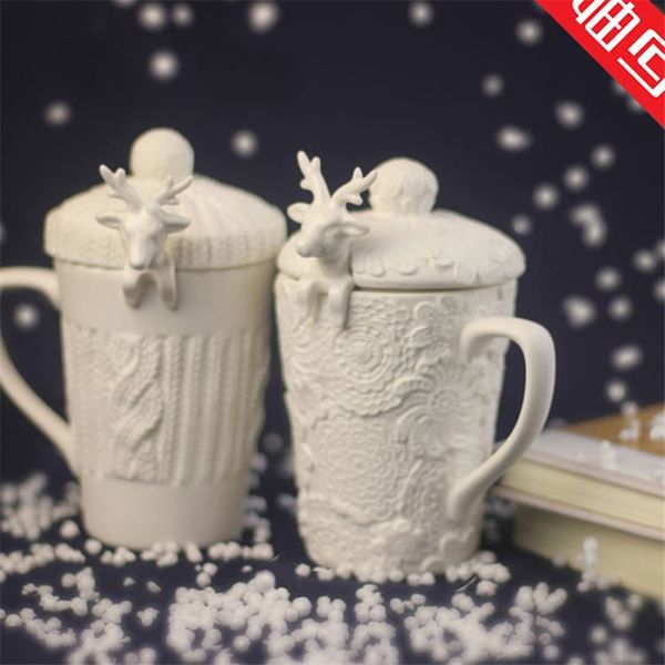 Christmas Mugs 3D Animal Couples Cups with Lid Cute Milu Deer Coffee Cup Milk Cups Snow Ceramic Mug Breakfast Cup Creative Y200106