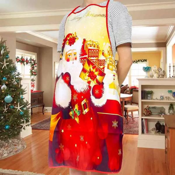 Christmas-themed Santa and deer design cleaning aprons for festive home decor during the holiday season