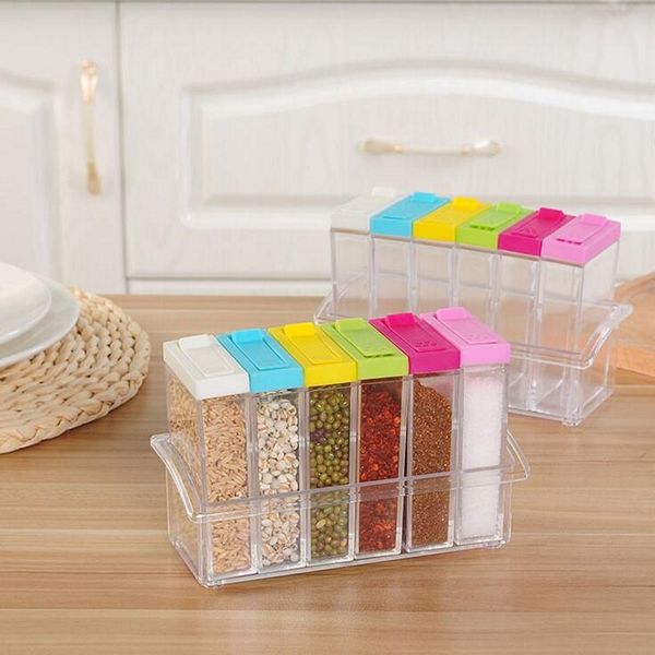 Clear plastic seasoning jar set of 6 for kitchen spice storage, including salt, pepper, and cumin powder containers WB1904