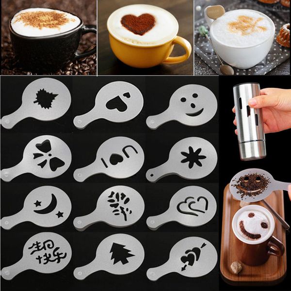 Coffee stencil templates for filter coffee, cappuccino art, and barista designs, including flower patterns and spray tools - 16 pieces per set XD22961
