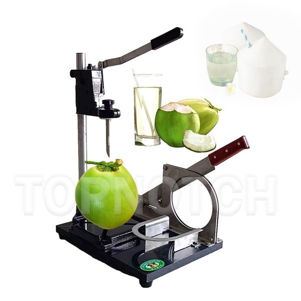 Commercial kitchen machine for peeling and cutting coconuts, including fresh young green ones