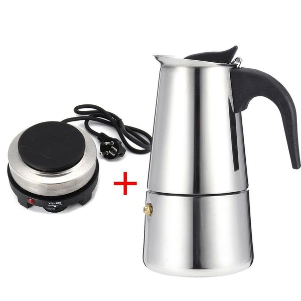Compact 200/450ml stainless steel Moka pot with electric stove filter for portable espresso brewing