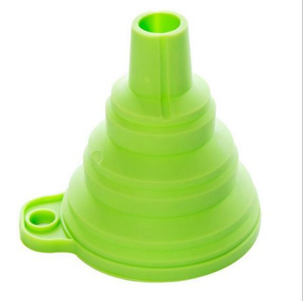 Compact foldable silicone funnel for kitchen use, available in three colors for easy liquid dispensing