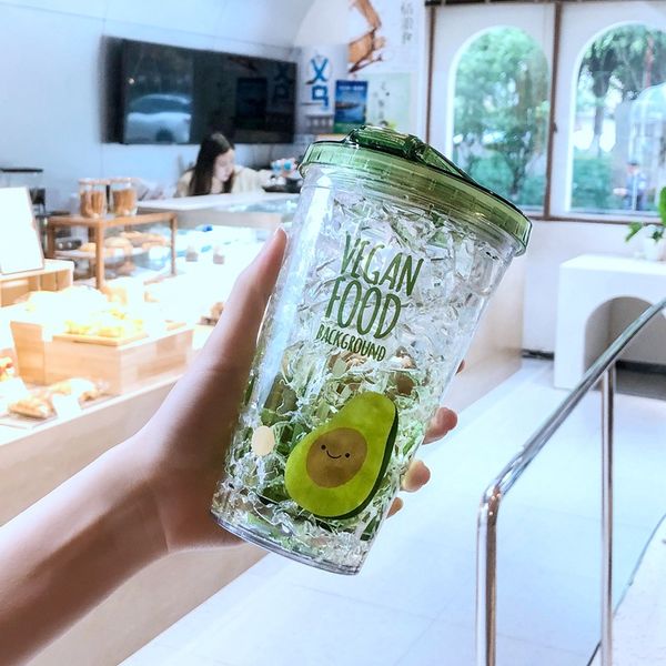 Creative double-layer insulated drink cup with hidden cap, Korean-style cartoon design for cold beverages