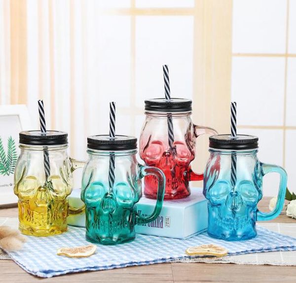 Creative gradient mason jar with handle, glass skull beer mug featuring a straw