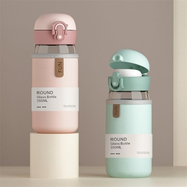 Cute high borosilicate glass water bottle with lid, travel coffee mug featuring secure lock and sleeve