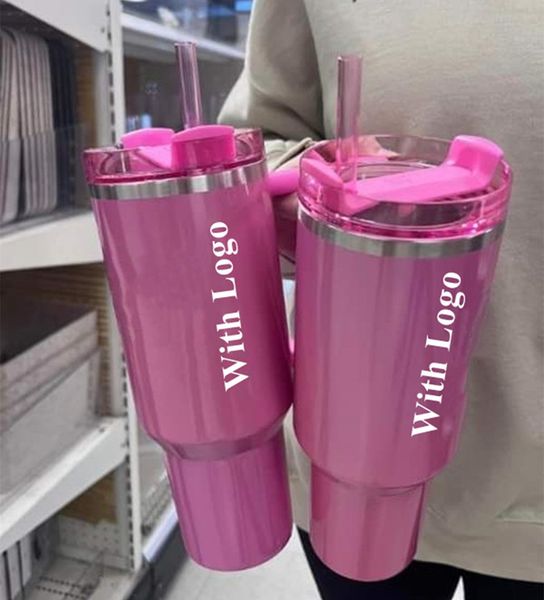 DHL Cobrand Winter PINK Mugs featuring 1:1 Logo on Cosmo Stainless Steel Tumblers with Handle, Lid, and Straw in Pink Parade design - a large capacity water bottle by Valenti