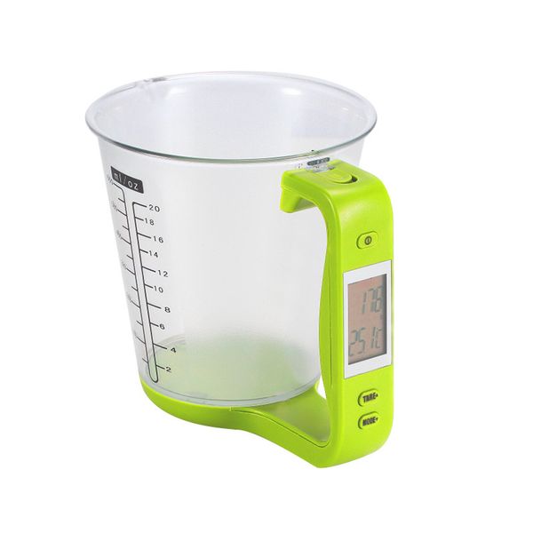 Digital kitchen scale with LCD display for measuring milk powder and temperature in a beaker