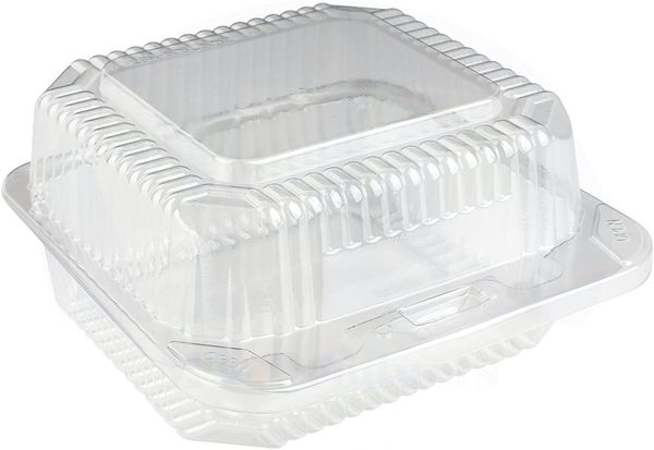 Disposable hinged food containers for takeout meals like salads, pasta, and sandwiches