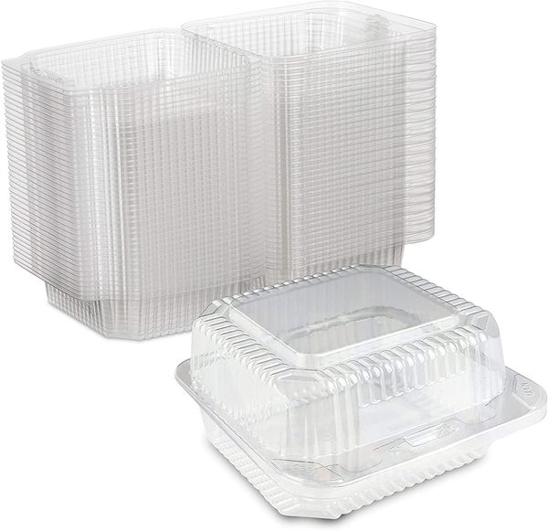 Disposable hinged takeout containers for salads, pasta, sandwiches and desserts