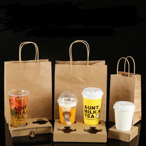 Disposable kraft paper cup holder with handle for takeaway drinks packaging