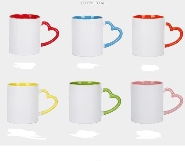 DIY 11oz sublimation ceramic mug featuring a heart-shaped handle, 320ml capacity, white exterior with vibrant inner coating, special water bottle model SN5114  

Rewritten:  
Customizable 11oz cera...