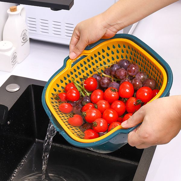 Double-layer drain basket for washing and organizing fruits, vegetables, rice, and more in the kitchen