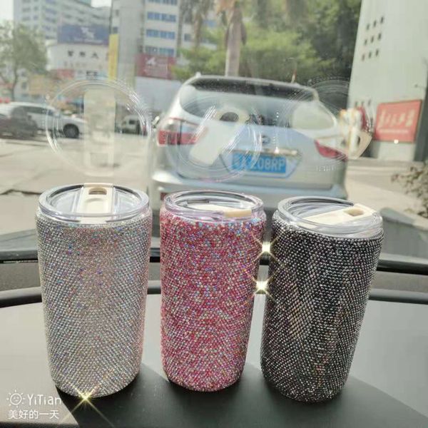 Double-layer insulated stainless steel travel mug with diamond inlay for hot and cold beverages in vehicles