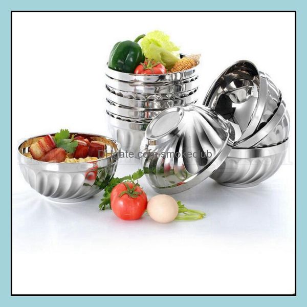 Double-layered stainless steel rice bowls in 12-18cm sizes with heat insulation and anti-scald features for kitchen and dining use
