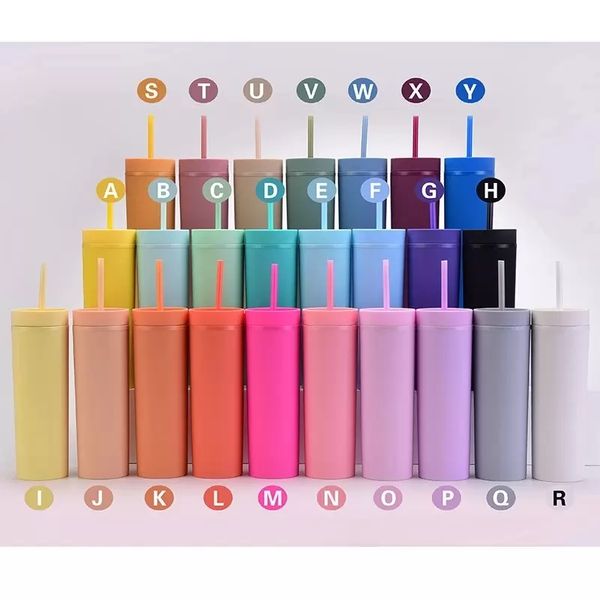 Double-wall matte finish 16oz reusable plastic tumblers with straw, available in multiple colors for summer use