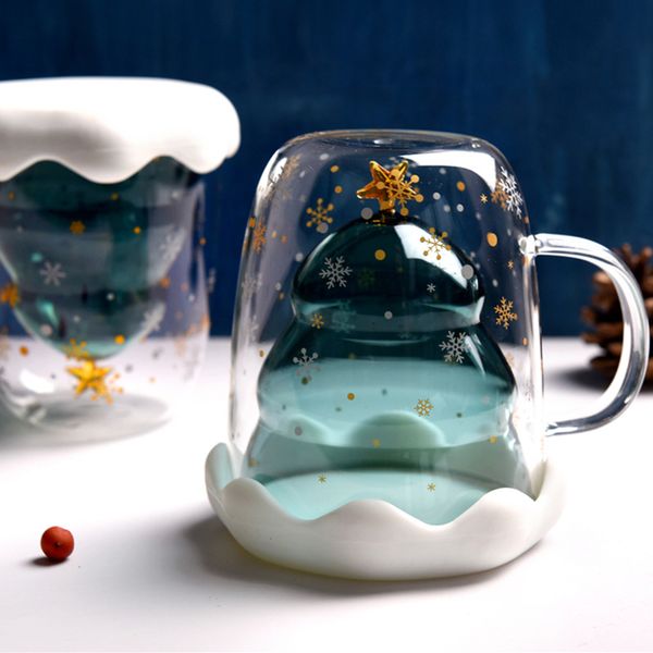 Double-walled glass Christmas tree star cup for coffee, milk, or juice, a creative holiday gift for kids