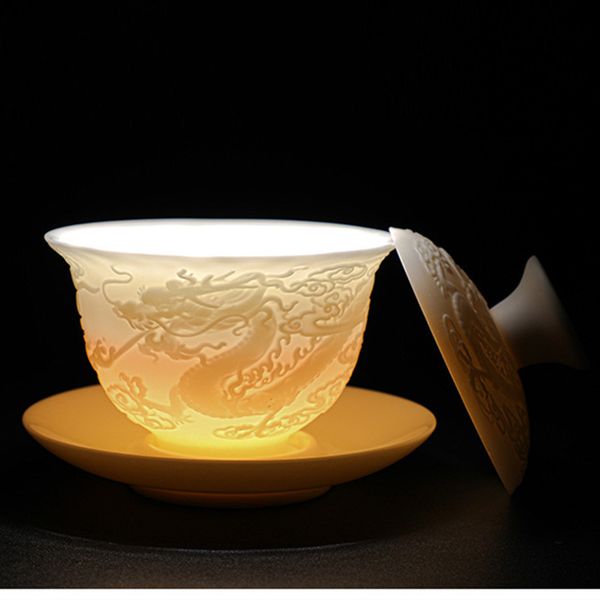 Dragon Gaiwan Porcelain Phoenix Tea Tureen for Milk Oolong with Bone China Lid