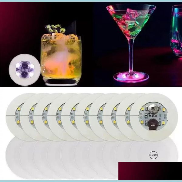 Drinkware lid coasters with LED lights, 6cm diameter, featuring 4 glowing LEDs for festive bottle illumination, ideal for Christmas and wedding parties