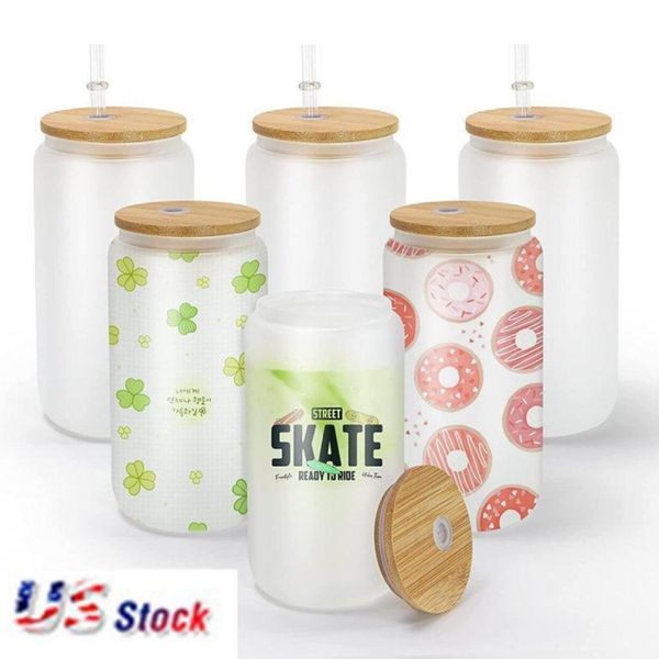 Durable 12oz and 16oz sublimation glass beer mugs featuring bamboo lids and straws, perfect for DIY heat transfer designs on frosted clear tumblers for cocktails and iced coffee