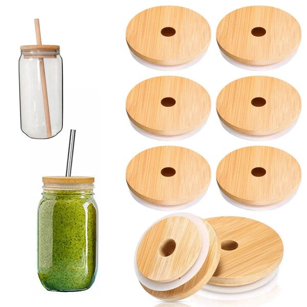Eco-friendly reusable bamboo lids for wide-mouth mason jars, featuring straw holes for convenient storage and sealing