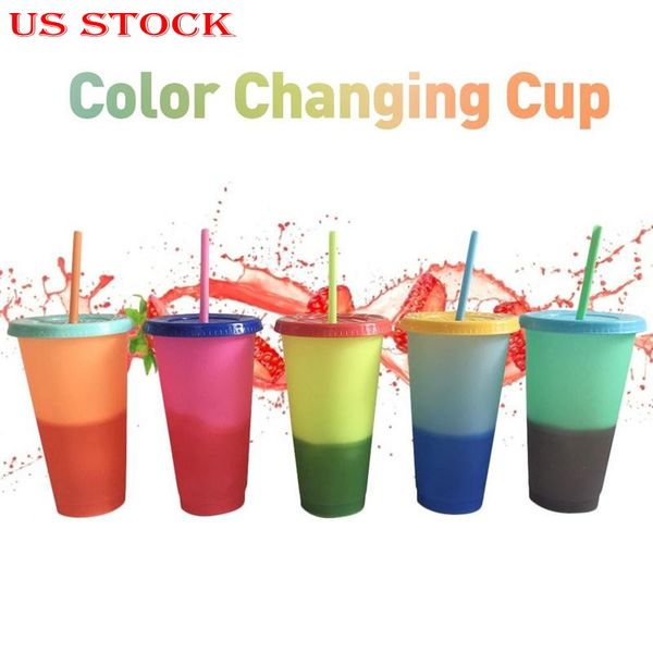 Eco-friendly reusable plastic cup with straw, changes color with temperature, featuring a gradient design for ice water