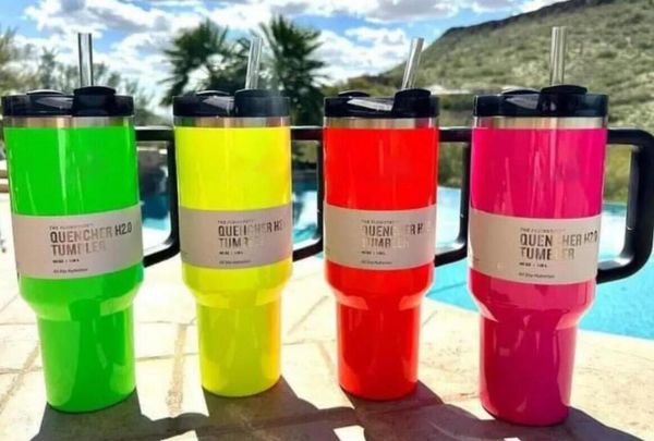 Electric neon tumblers in white, black, pink, yellow, green, and red with 40oz capacity, featuring handles, lids, and straws for car use