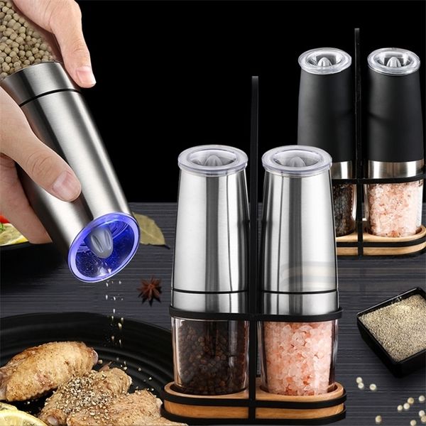 Electric salt and pepper grinders with stainless steel design, automatic gravity operation, adjustable coarseness for herbs and spices, a practical kitchen gadget set