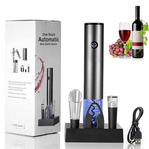 Electric wine opener set featuring USB rechargeable base and one-touch automatic corkscrew