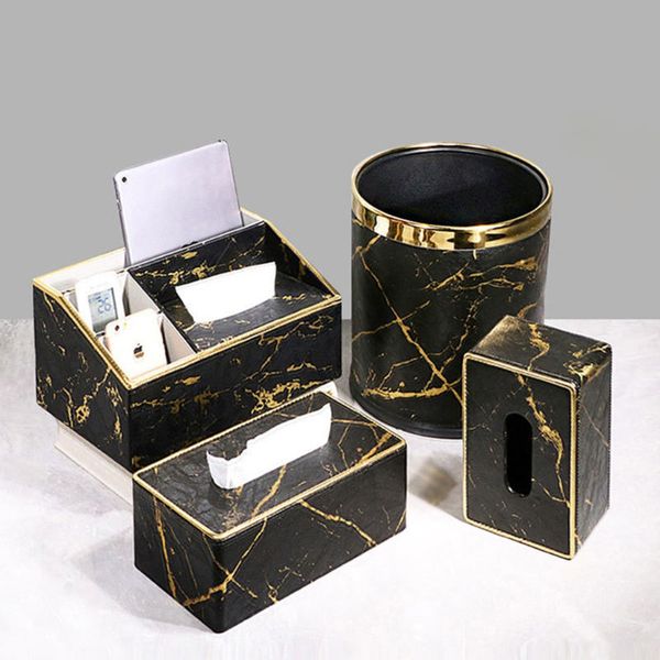 Elegant leather and marble tissue box for desktop, storing napkins as stylish home or office decor