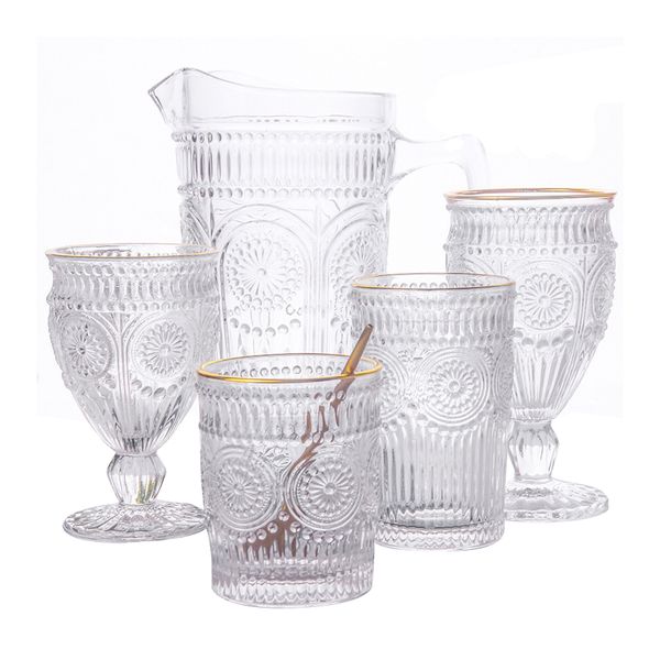 Embossed sunflower-patterned wine glasses, water jug, iced tea pitcher, punch cup, sangria goblet, and clear tumblers for outdoor picnics