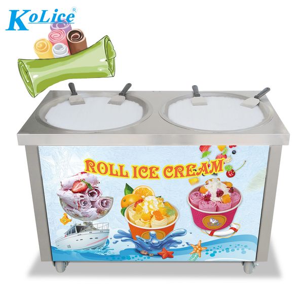 EU USA KOLICE kitchen quality double round 55CM pan instant stir fried ice cream roll machine