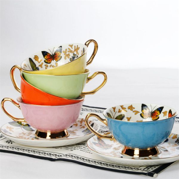 European bone china coffee set with colorful butterfly design, perfect for British office tea time or as a gift