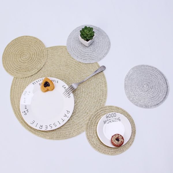 European Round Placemat with Gold and Silver Sequin Cup Coaster Insulation Pad for Table Decoration