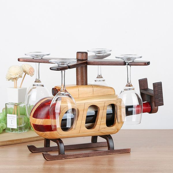 European wooden wine racks and helicopter-inspired creative gifts for home decor, featuring hanging wine racks and glasses